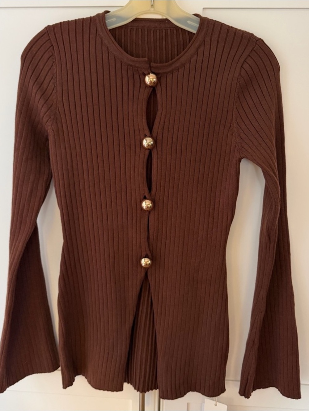 Commense Brown Ribbed V-Neck Sweater with Gold Buttons